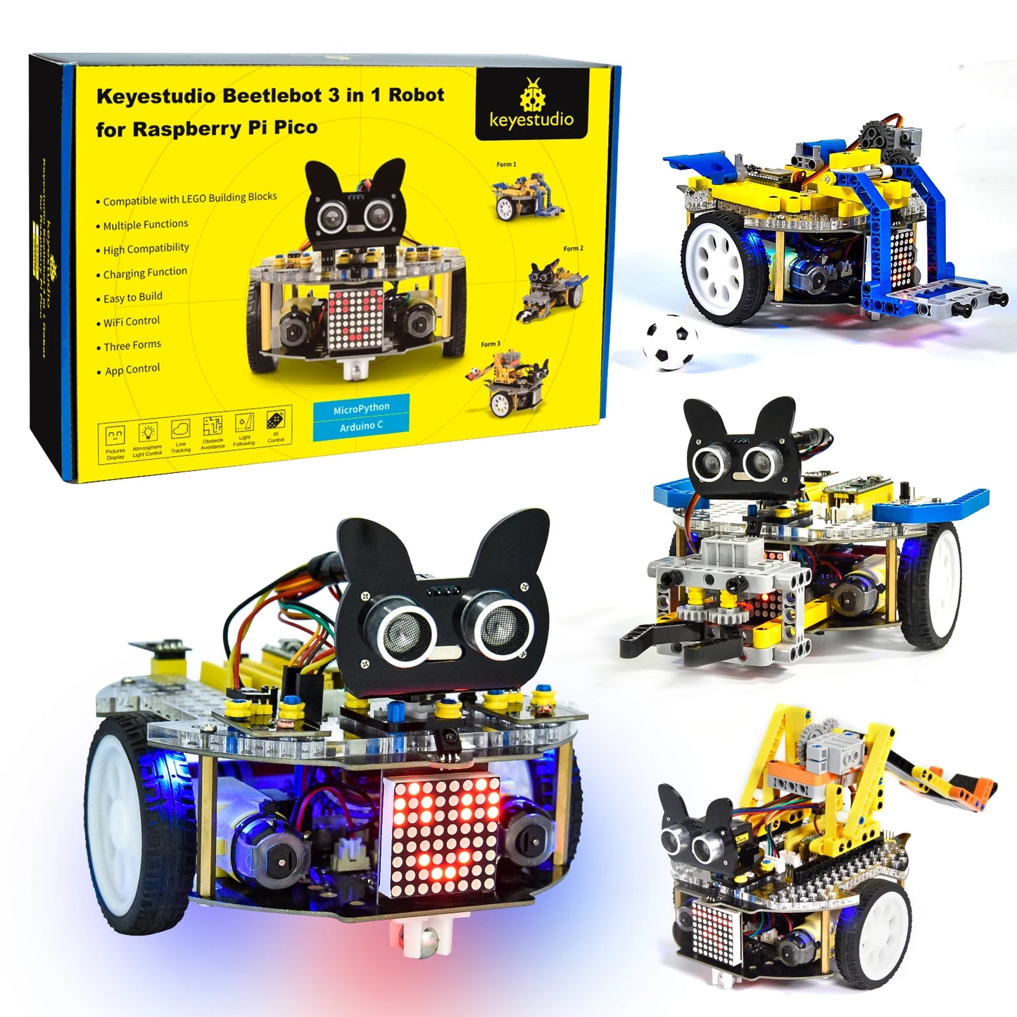 Keyestudio 3 in 1 Beetlebot Robot Car for Arduino(Raspberry Pi Pico/ESP32) STEM Education DIY Kit Compatible with LEGO+Projects