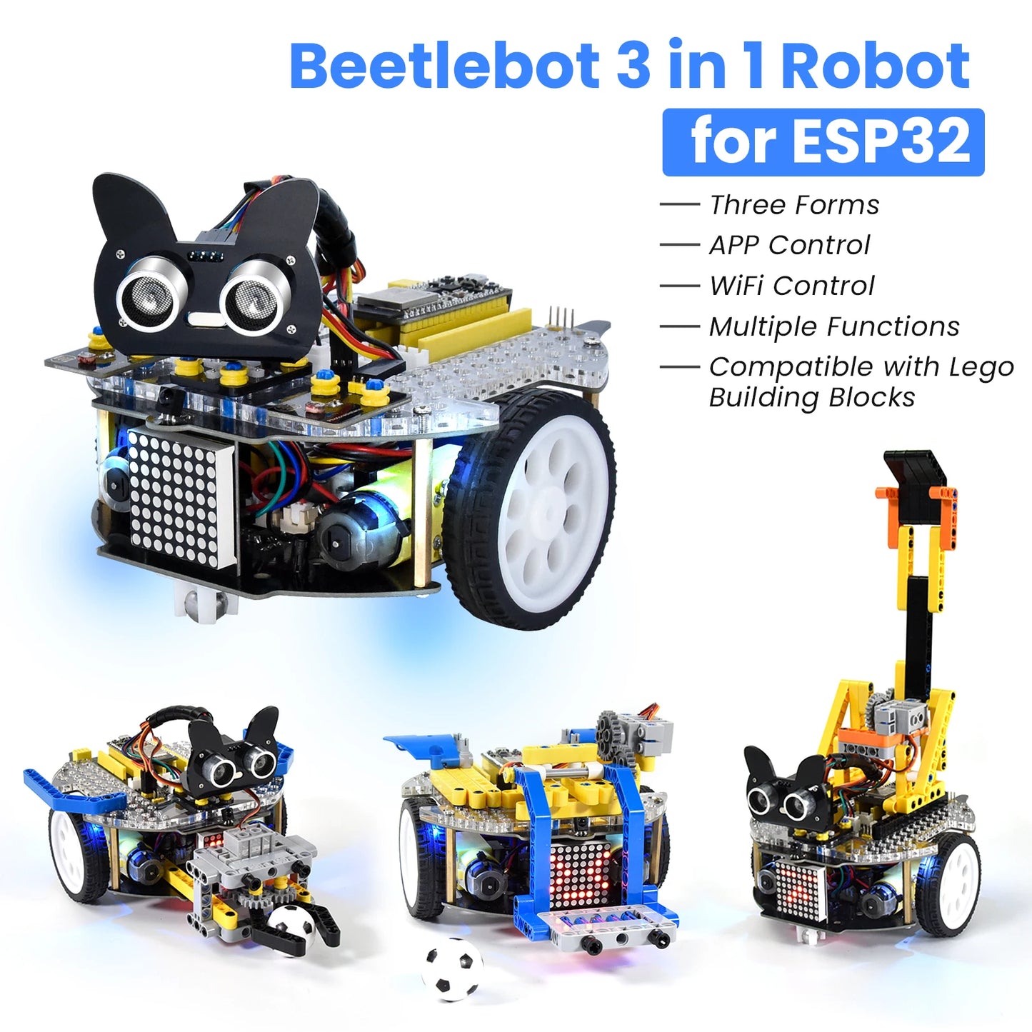 Keyestudio 3 in 1 Beetlebot Robot Car for Arduino(Raspberry Pi Pico/ESP32) STEM Education DIY Kit Compatible with LEGO+Projects